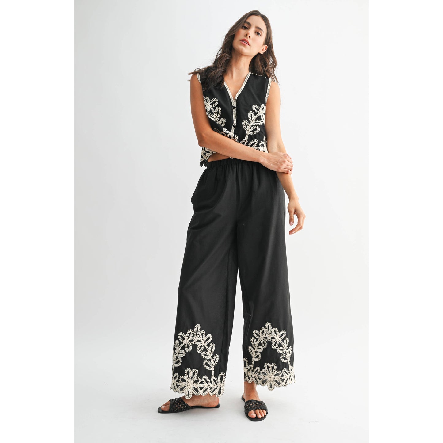 Embroidered Wide Leg Pants