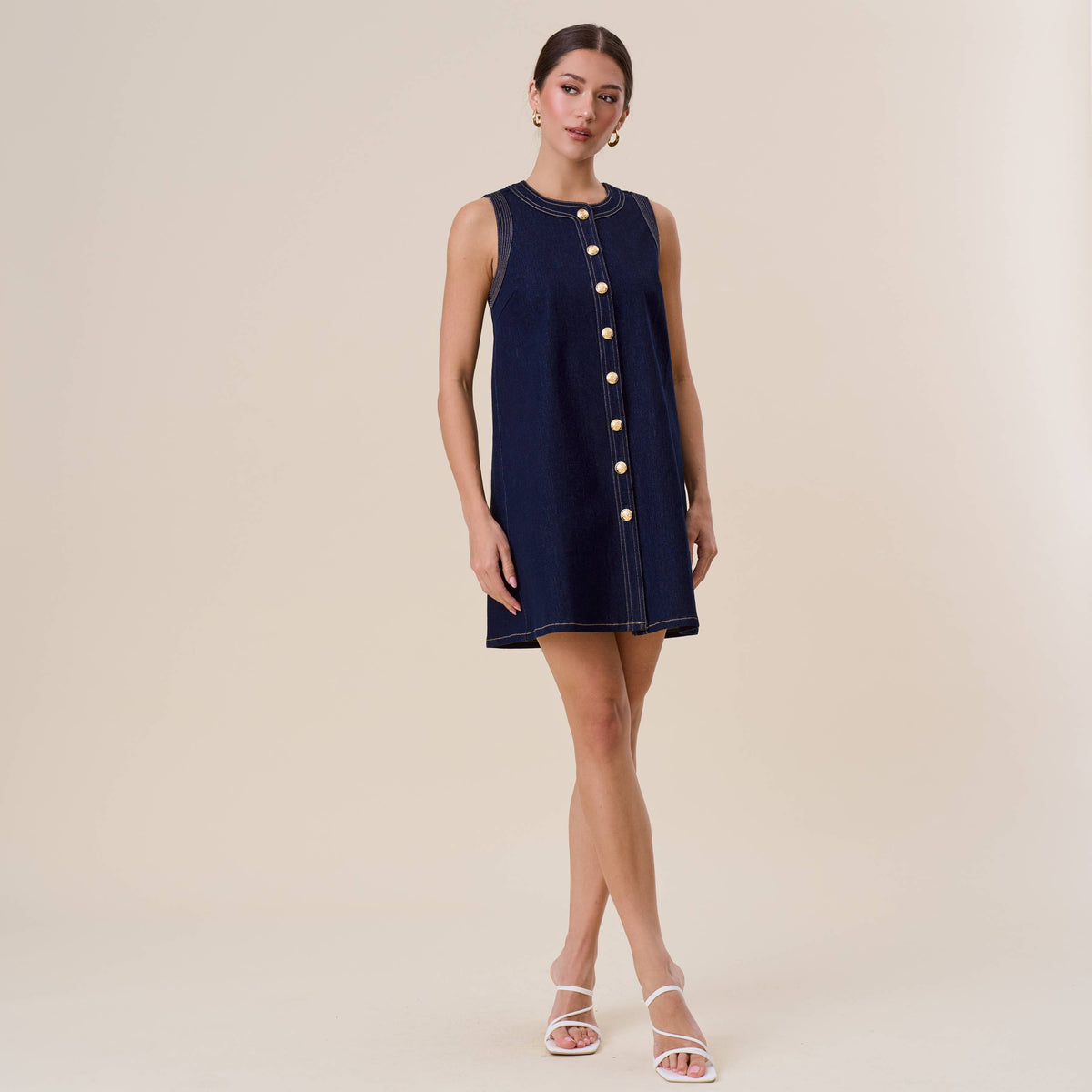 Button Stretch Denim Mini Dress