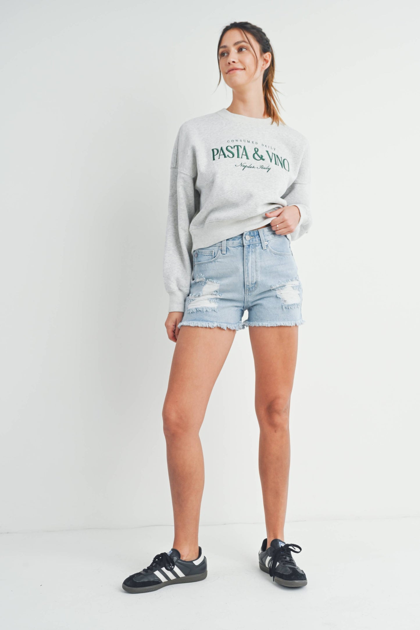 High Rise Destroyed Fray Hem Denim Shorts