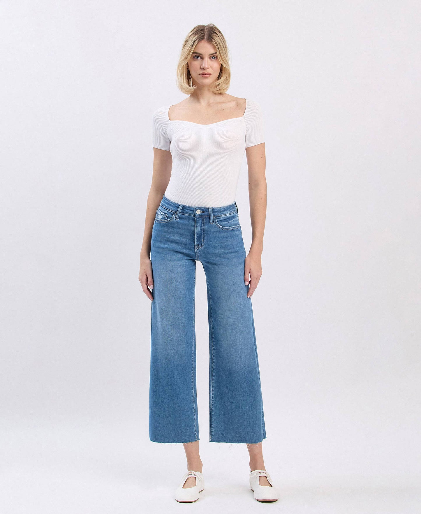 High Rise Raw Hem Cropped Wide Jeans
