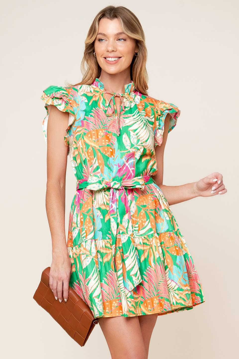 Ruffled Tie Waist Mini Dress