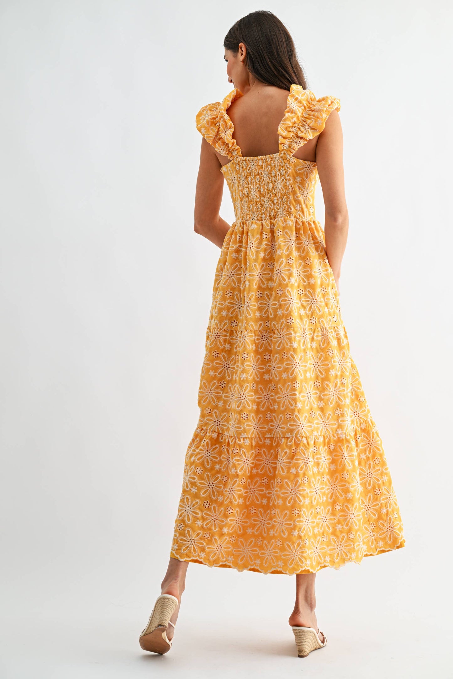 Floral Embroidered Ruffle Sleeve Midi Dress