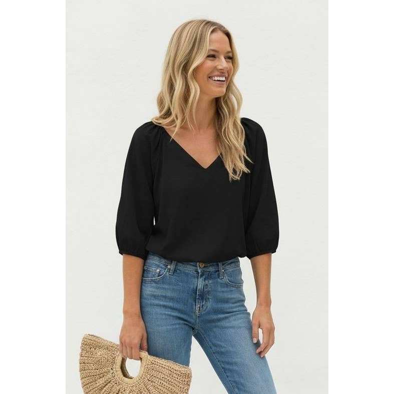 Elastic Puff Sleeve V-neck Top