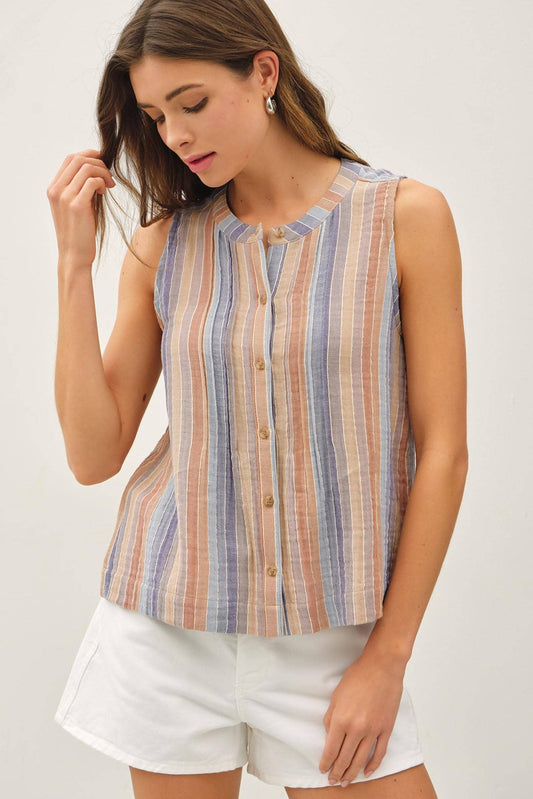 Striped Sleeveless Button Gauze Top