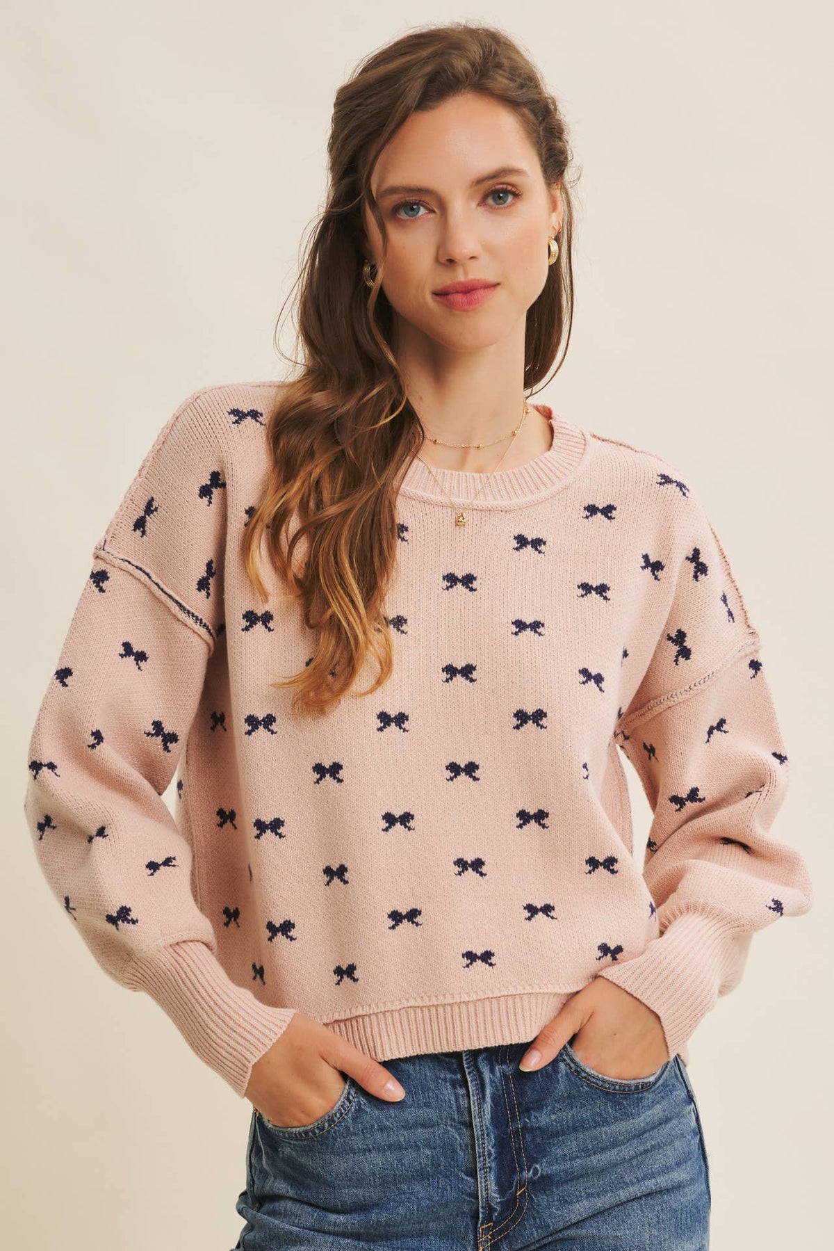 Bow Pattern Balloon Sleeve Sweater
