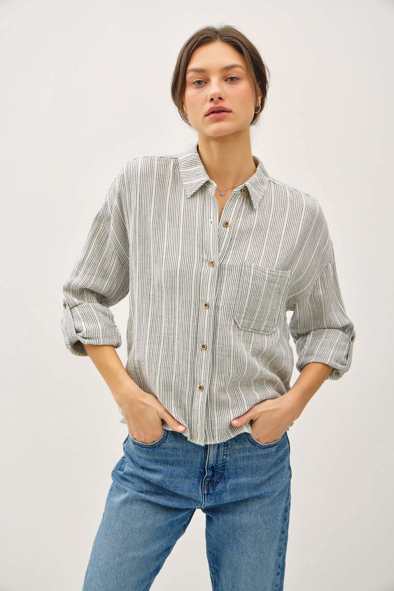 Striped Gauzy Pocket Button Down Top