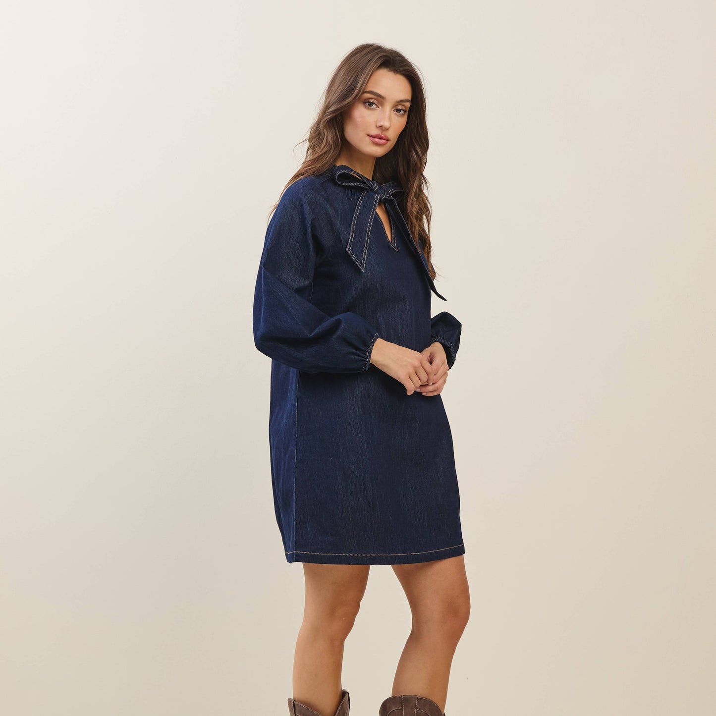 Denim Bow Front Mini Dress