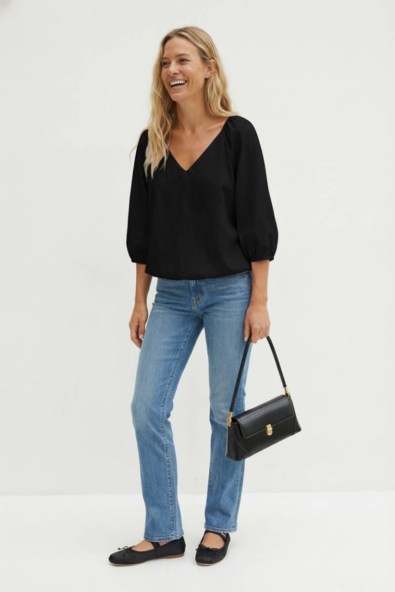 Elastic Puff Sleeve V-neck Top