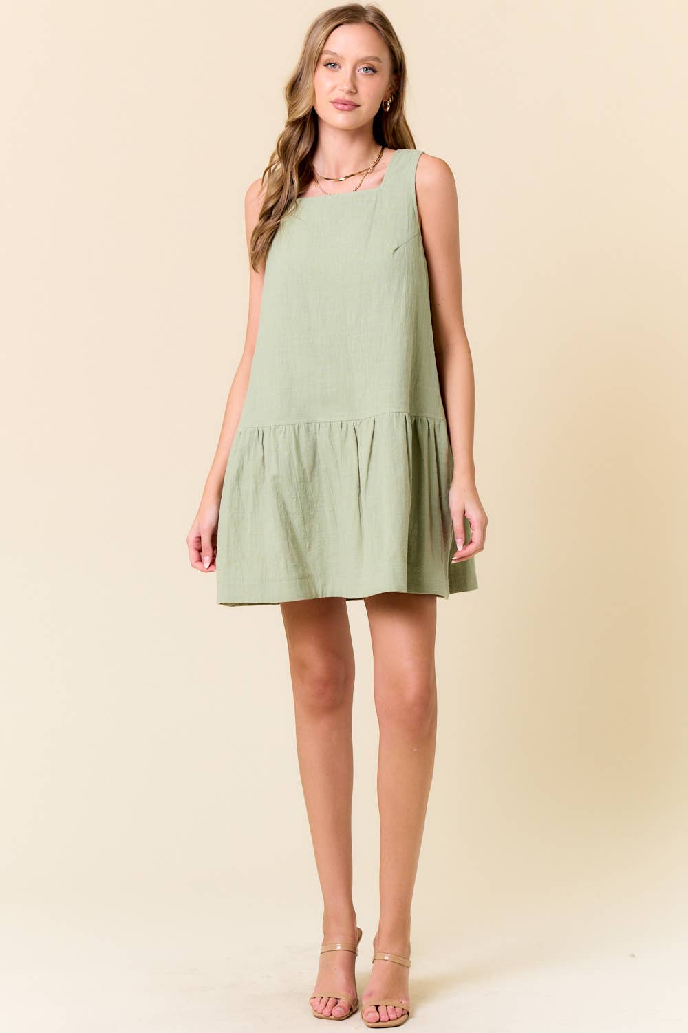 Square Neck Button Back Drop Waist Mini Dress