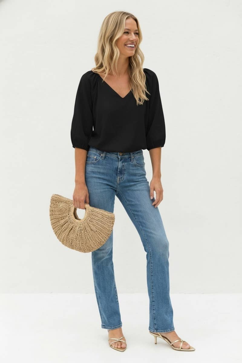 Elastic Puff Sleeve V-neck Top