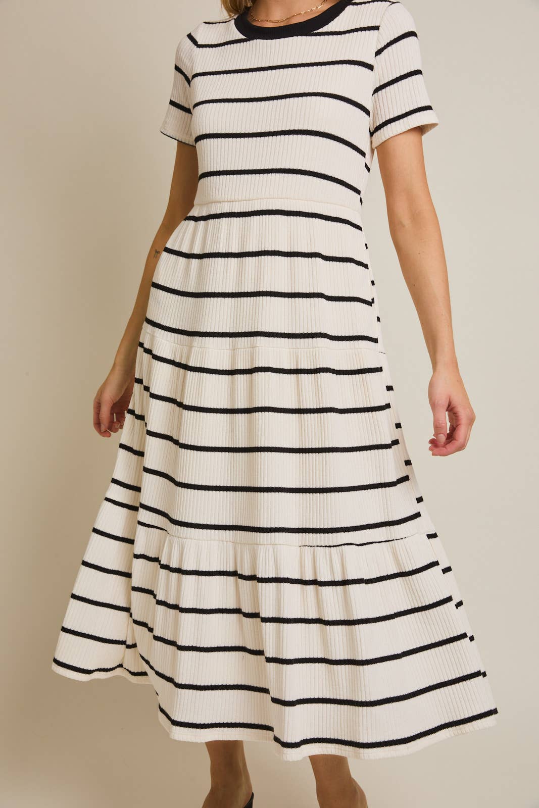Striped Tiered Short Sleeve Midi Dress