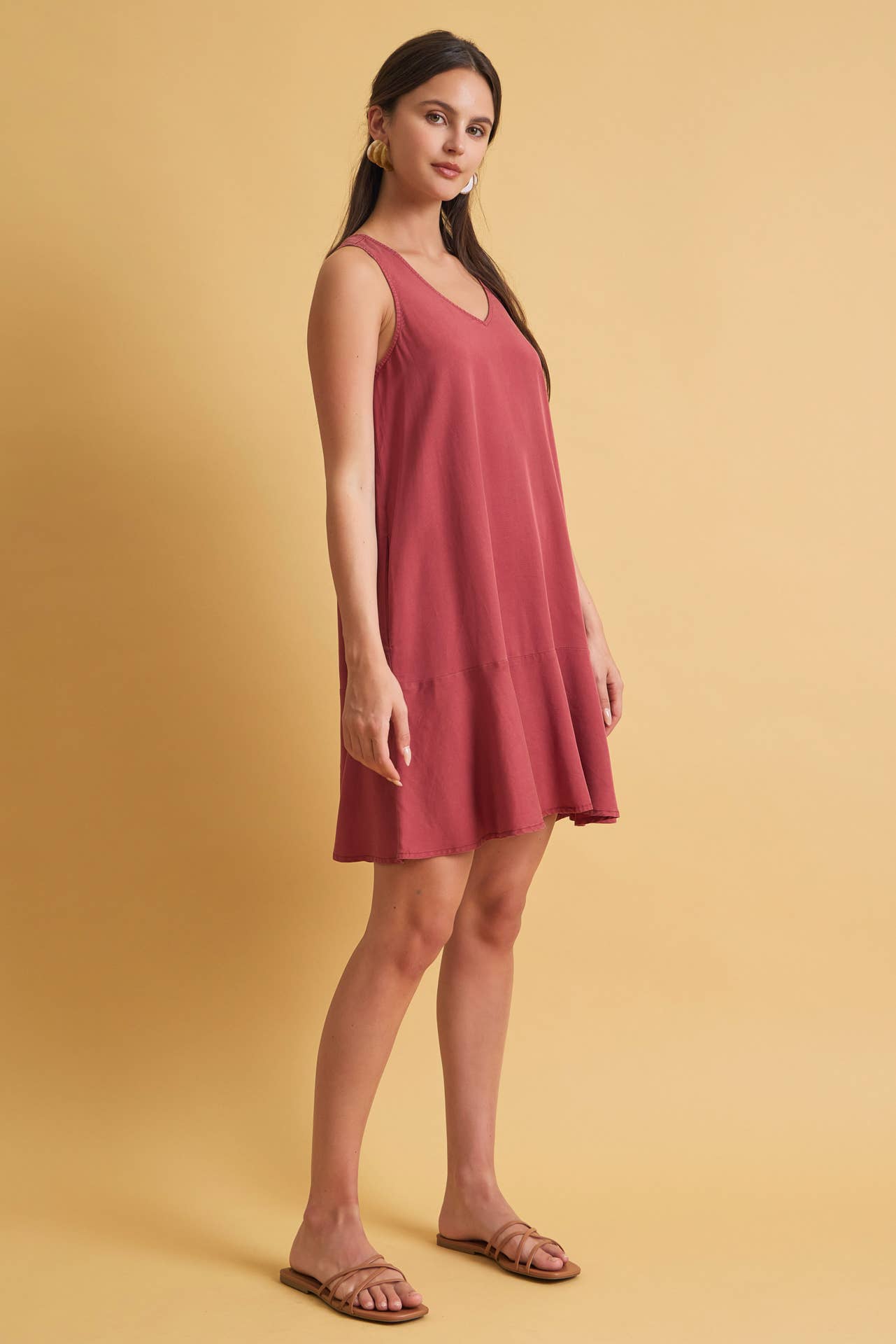 Ruffle Hem Lace Back Tencel Mini Dress