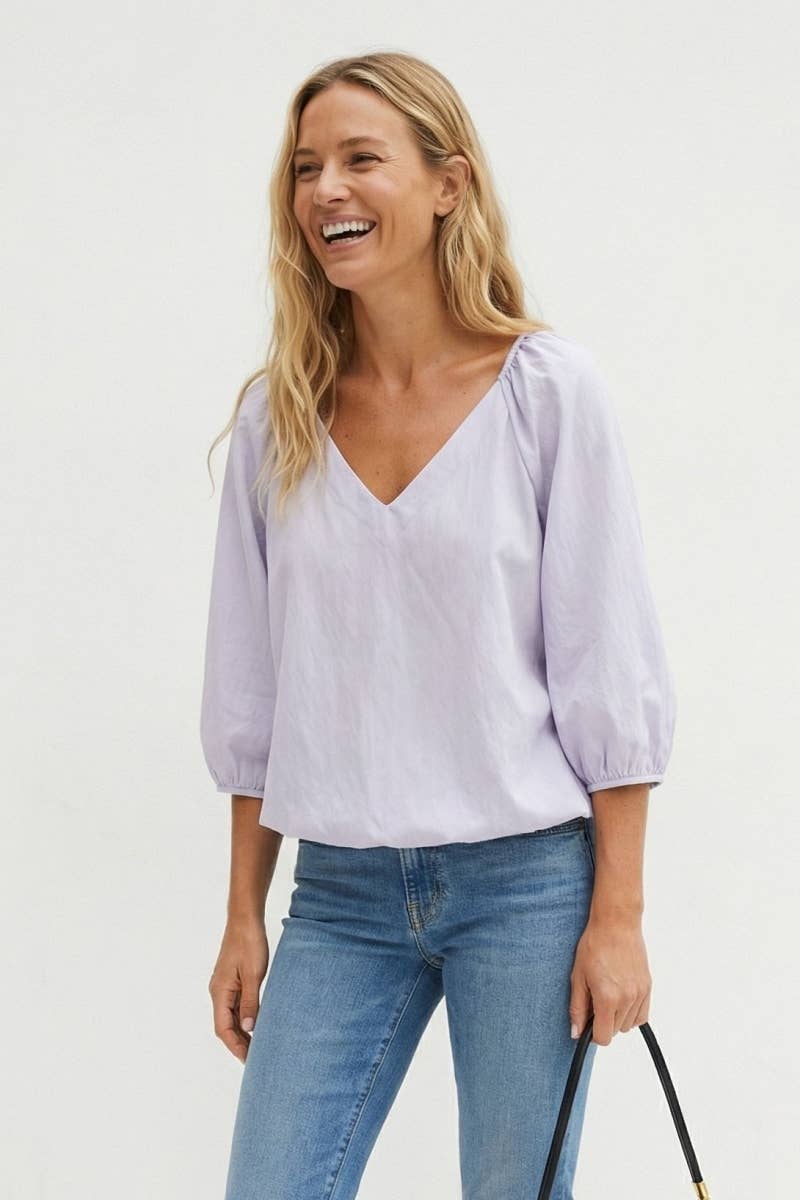 Elastic Puff Sleeve V-neck Top