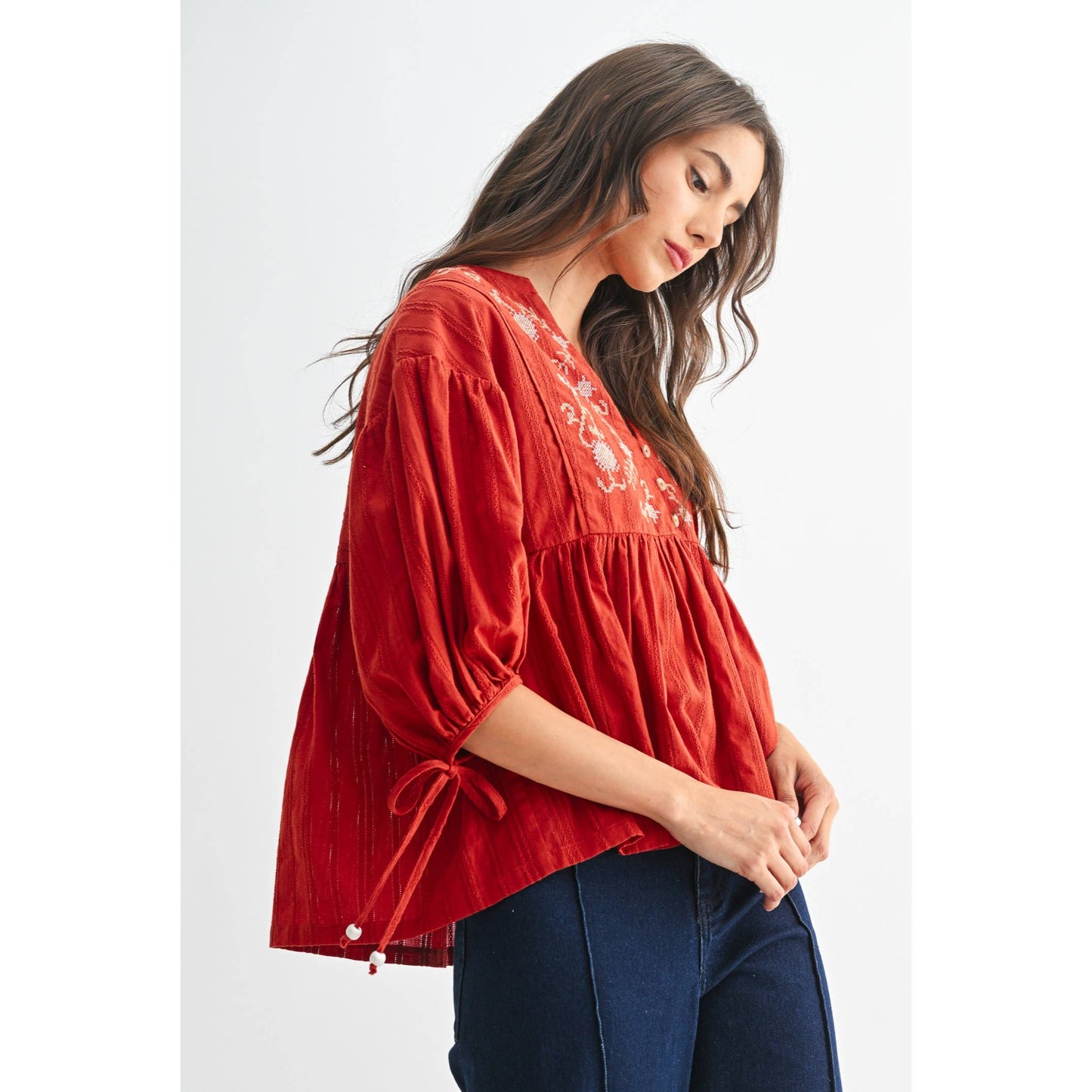 Embroidered V-Neck Boho Blouse Top