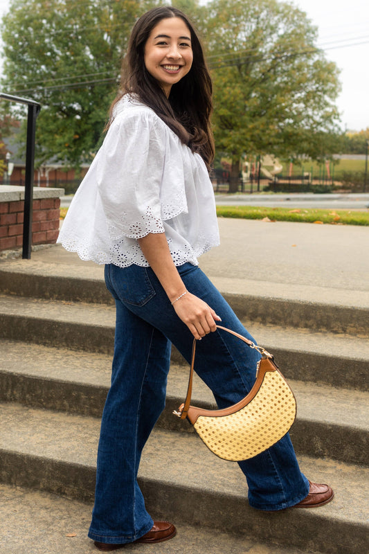 Daisy Half-Moon Rattan Crossbody