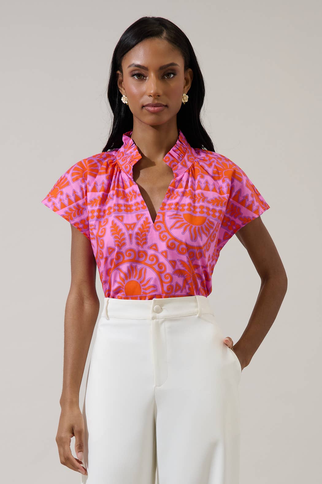 Tropical Ruffle Neck Top