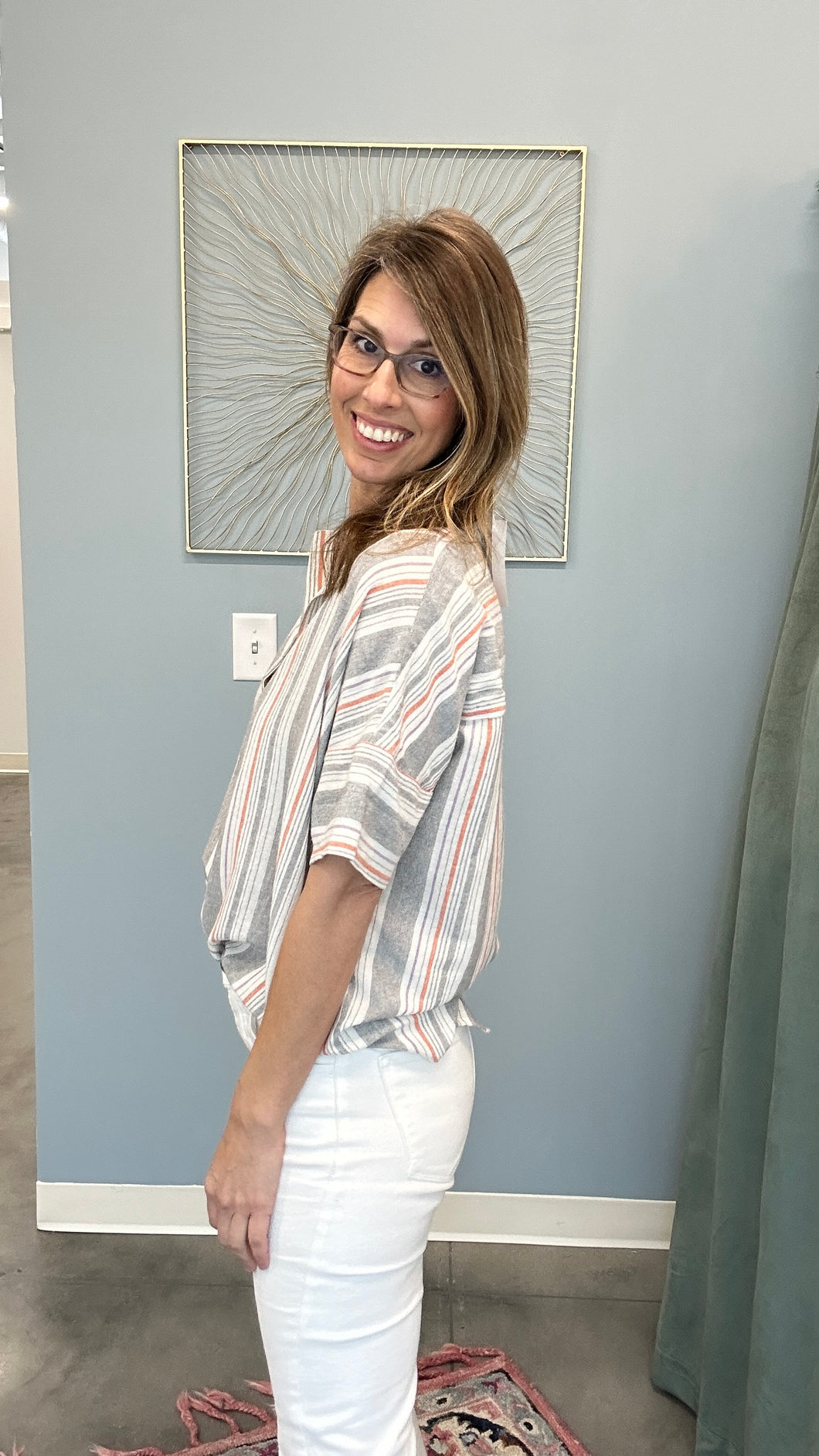 Back Button Down Striped Top