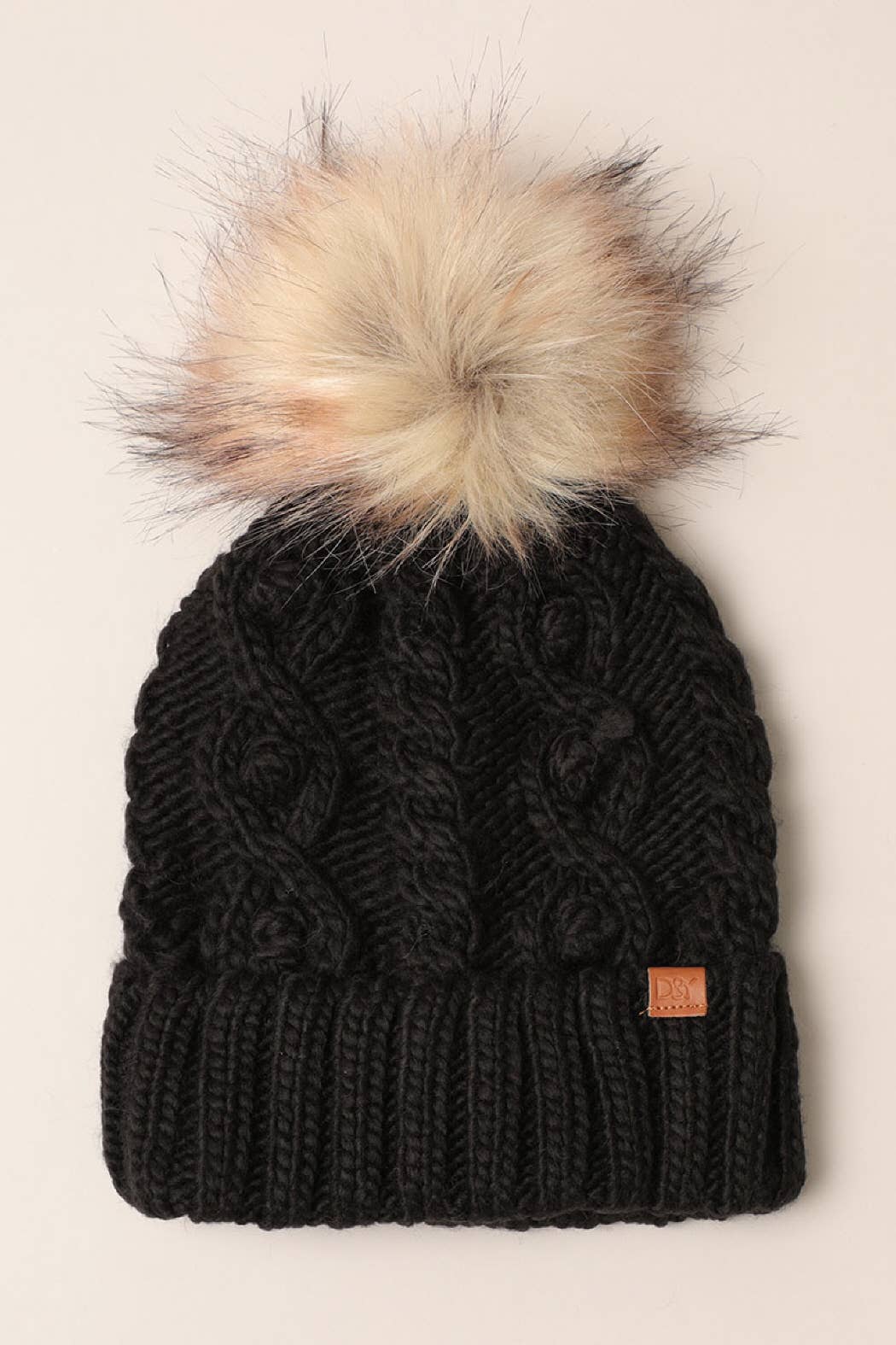 Popcorn Trim Knit Beanie w Faux Fur Pom