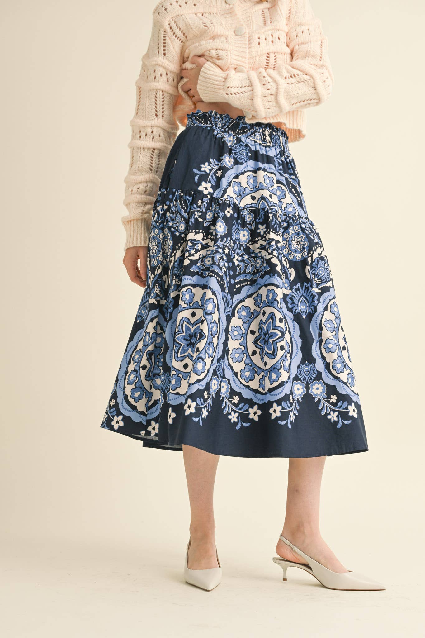 Rental- Smocked Waist High Rise Midi Skirt