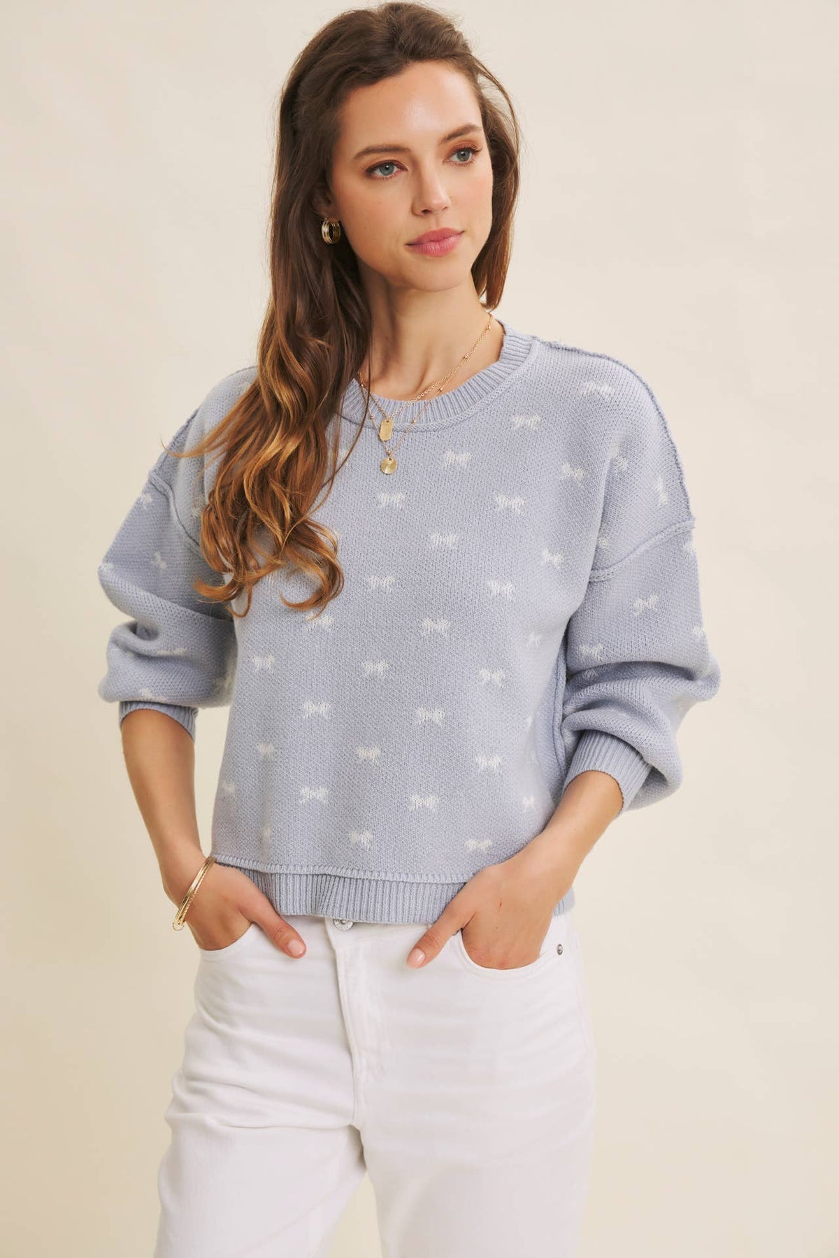 Bow Pattern Balloon Sleeve Sweater