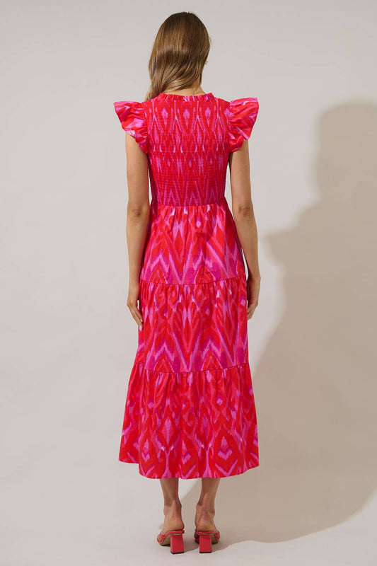 Ikat Smocked Bodice Tiered Midi Dress