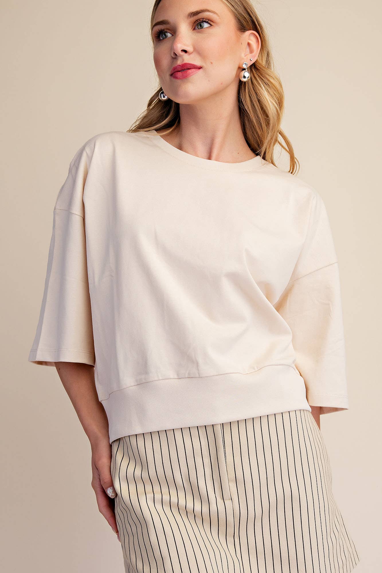 Round Neck Rib Band Pullover Cotton Top