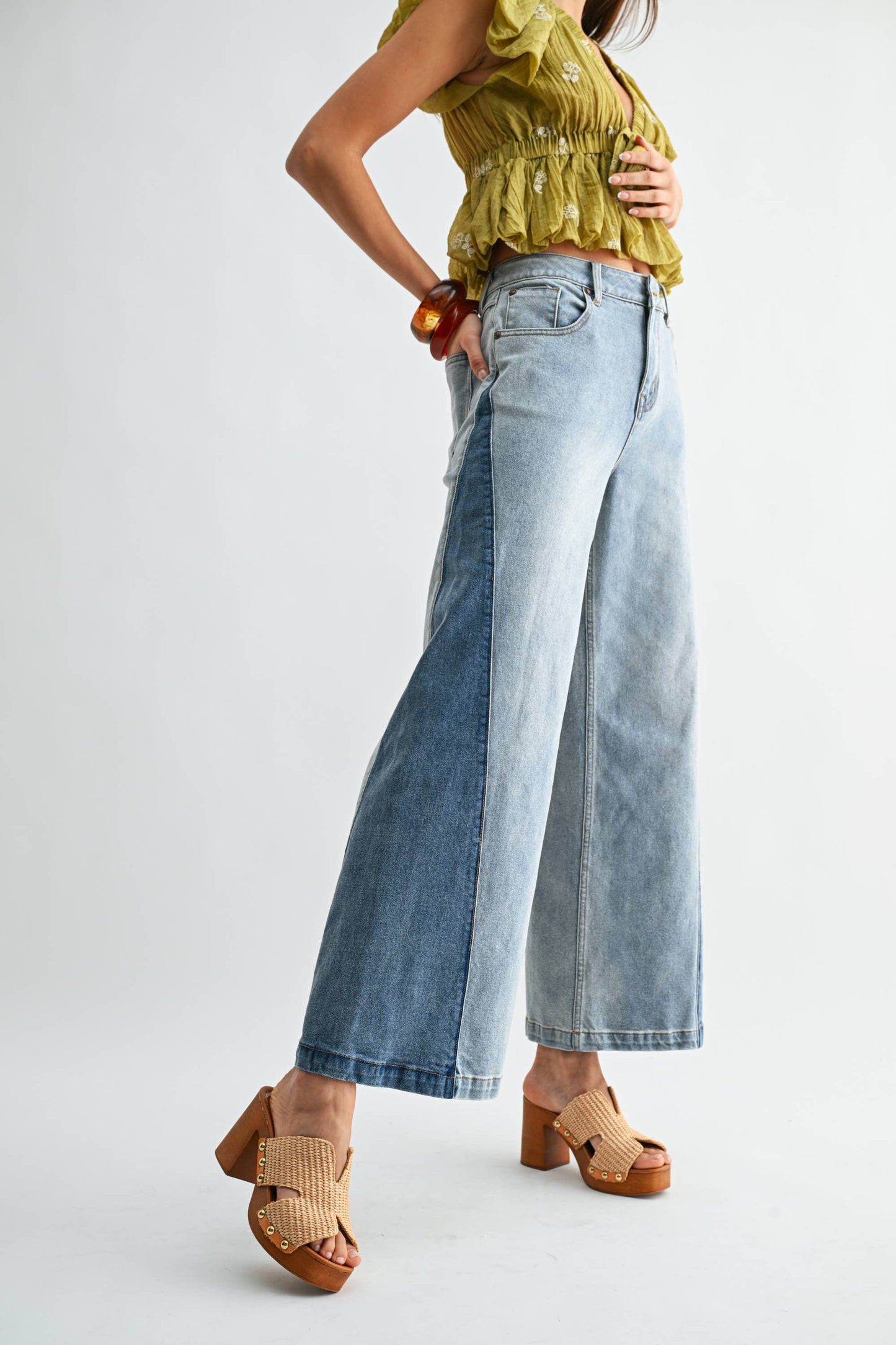 Wide Leg Two-Tone High Waist Denim Jeans