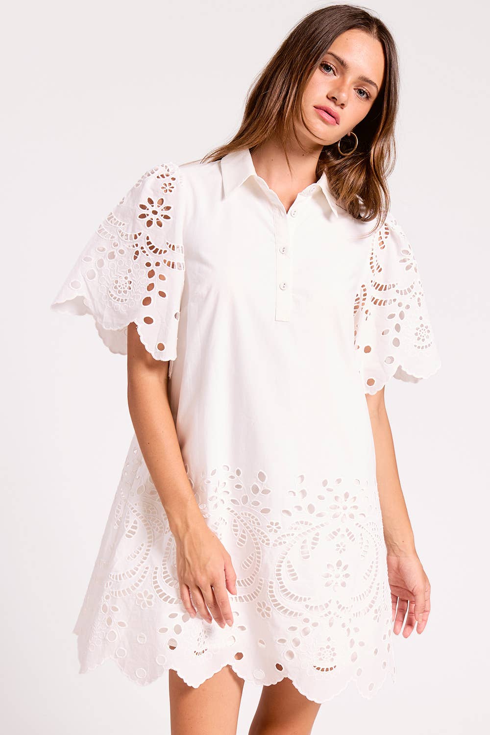 Poplin Scalloped Embroidered Mini Dress