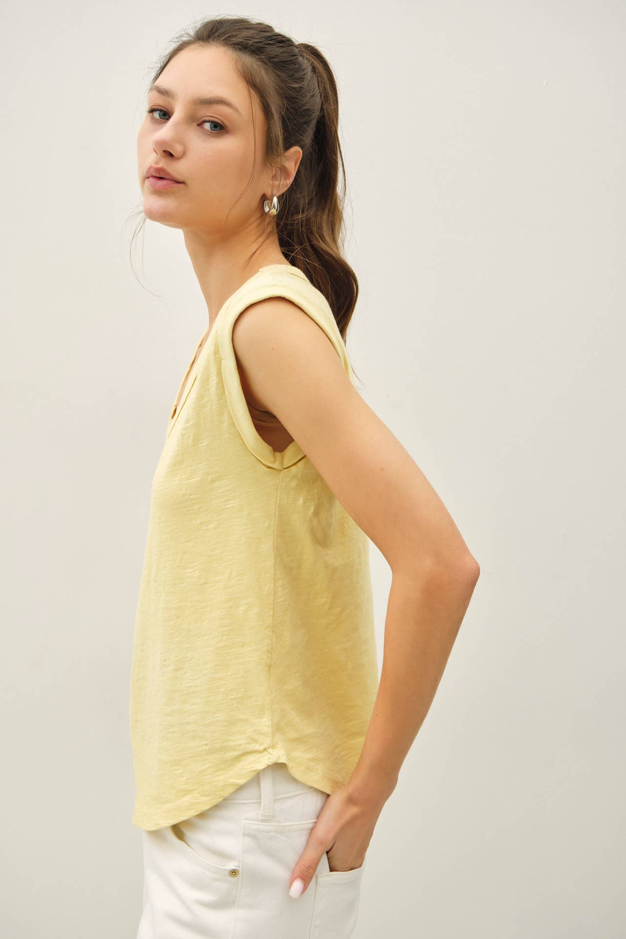 Scoop Neck Folded Sleeve Slub Knit Top
