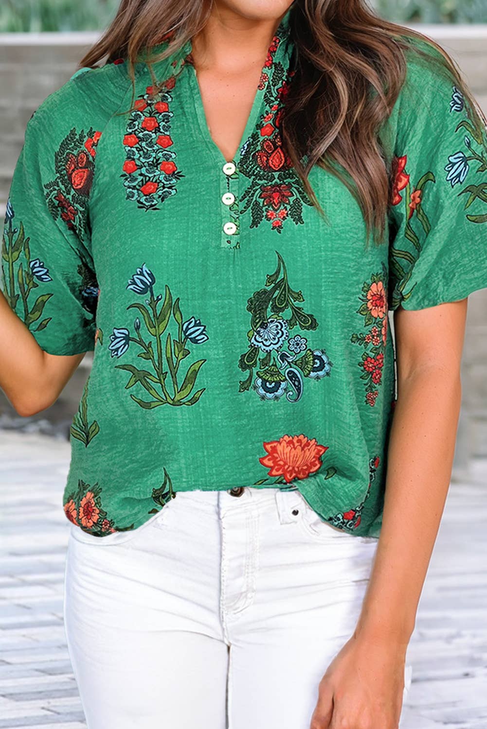 Floral Print Buttoned V Neck Short Sleeve Blouse
