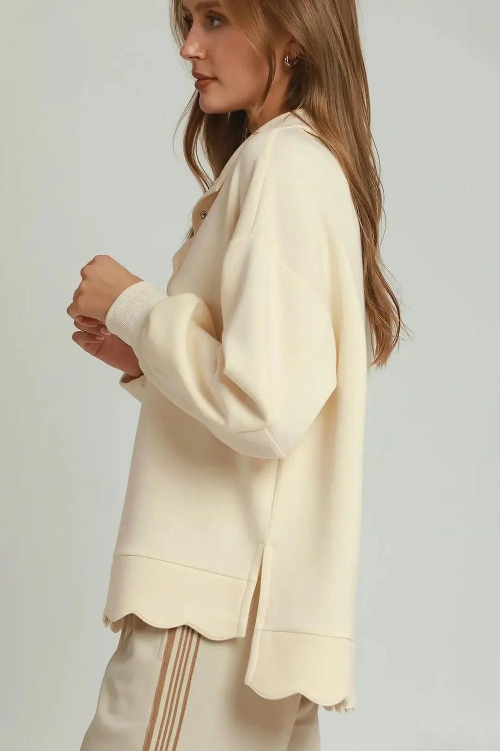 Scalloped Snap Front Pullover Sweatshirt