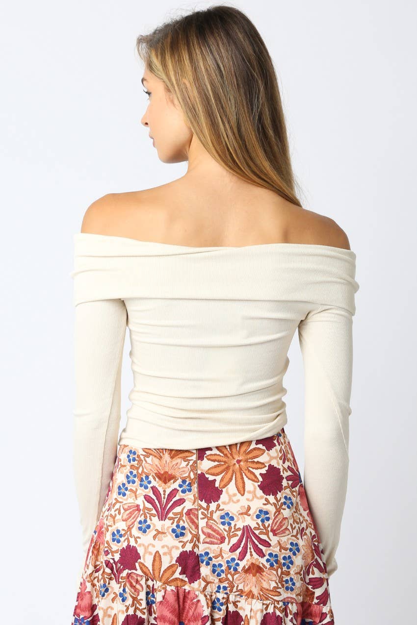 Off The Shoulder Ribbed Long Sleeve Top