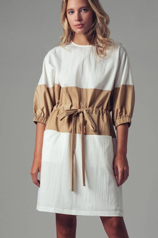 Colorblock Drawstring Waist Mini Dress