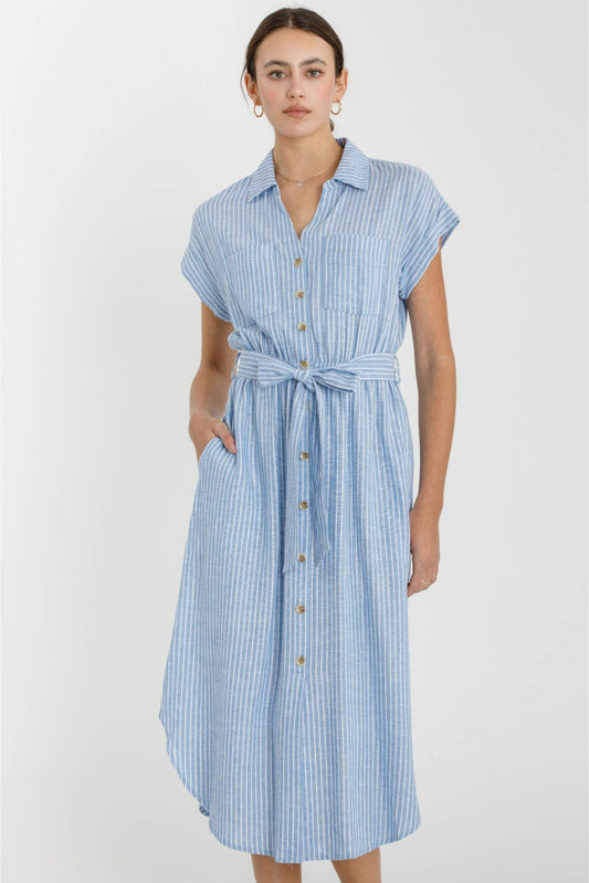Linen Blend Striped Utility Shirt Dress