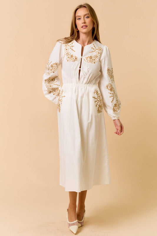 Embroidered Puff Sleeve Front Tie Midi Dress