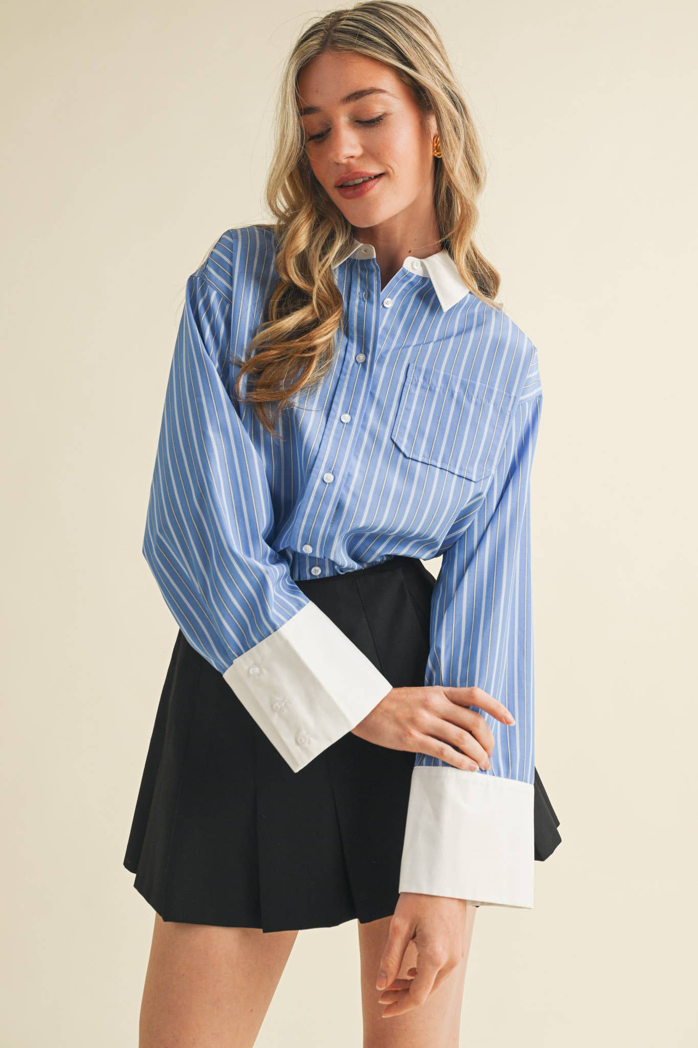 Striped Wide Cuff Button Down Shirt