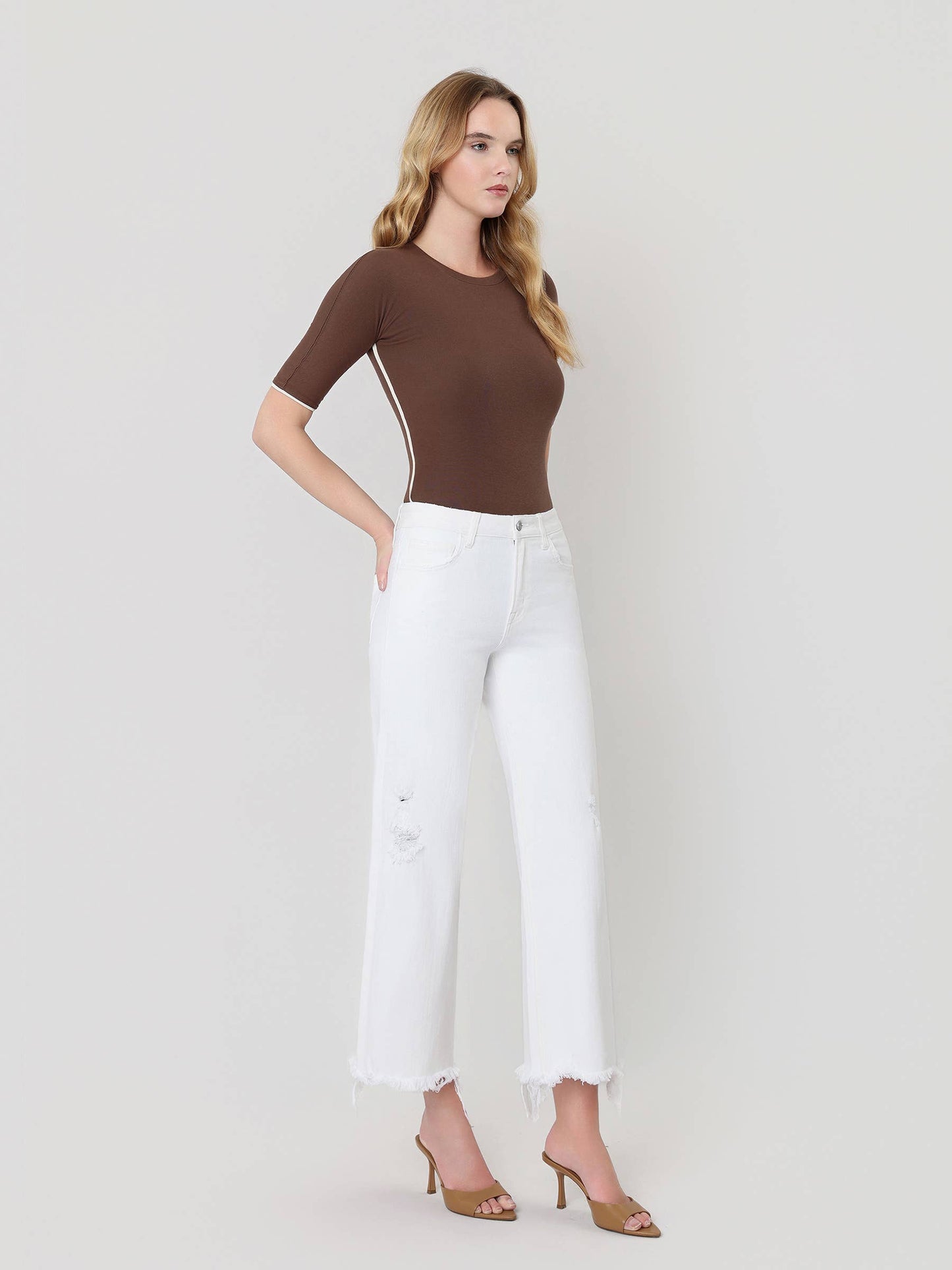 High Rise Raw Hem Crop Wide Jeans