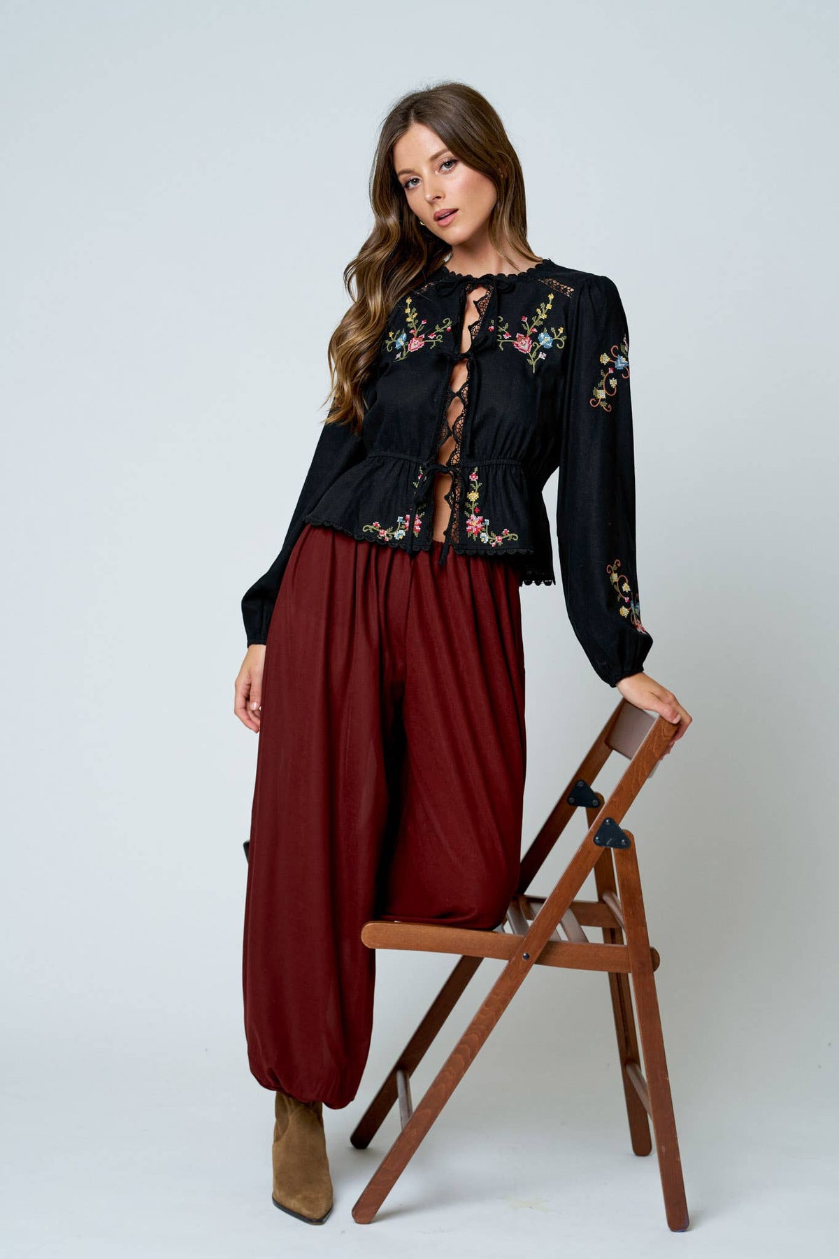 Embroidered Crochet Front Tie Top