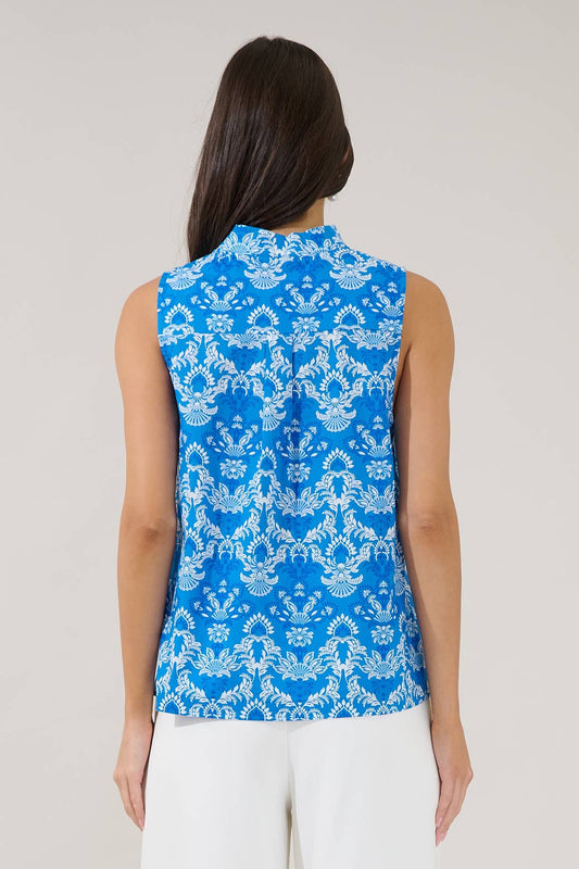 Sleeveless Floral Mock V-Neck Top