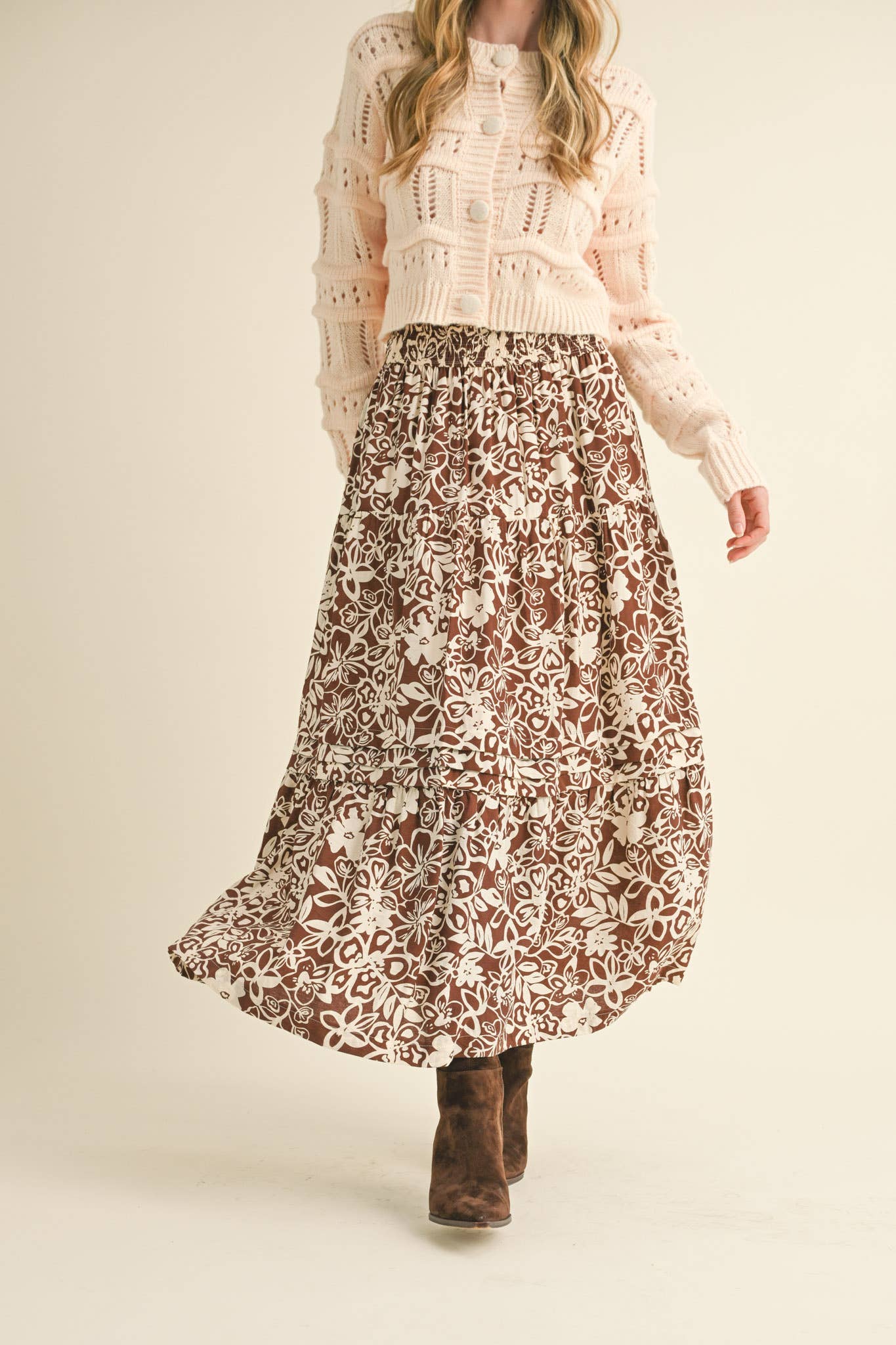 Rental- Floral Pin Tuck Midi Skirt