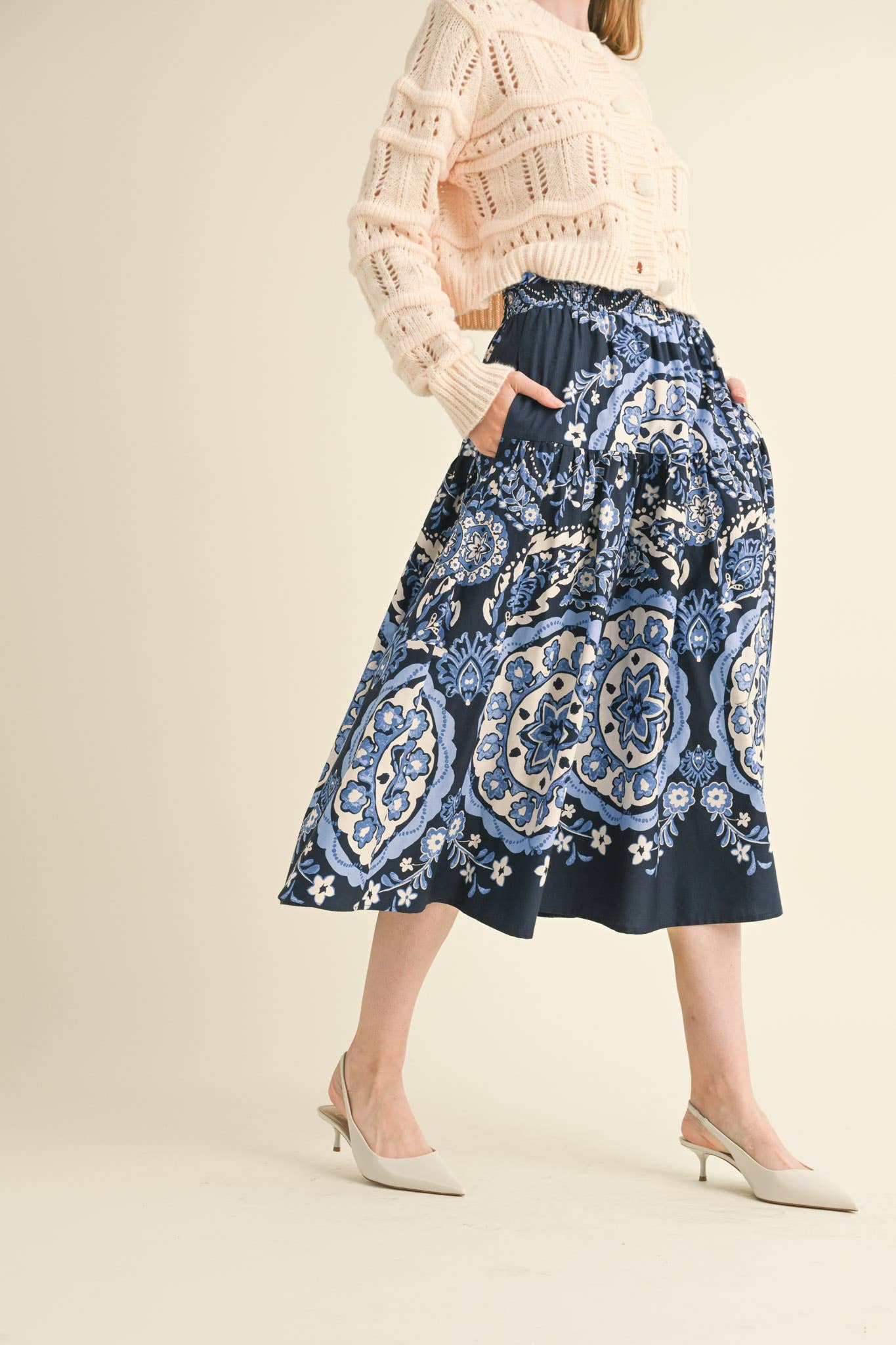 Rental- Smocked Waist High Rise Midi Skirt