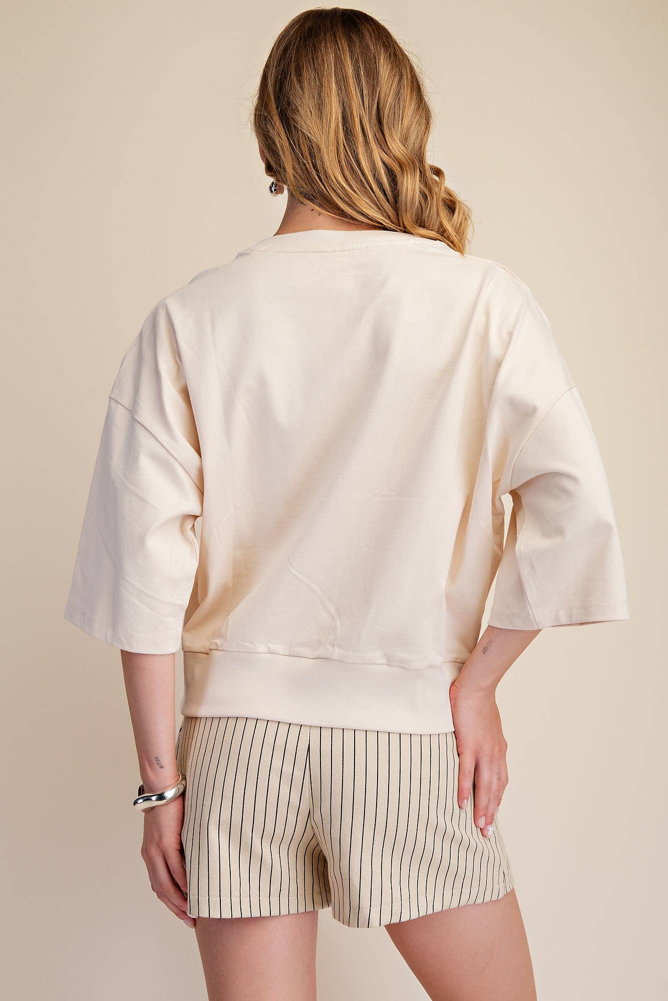 Round Neck Rib Band Pullover Cotton Top