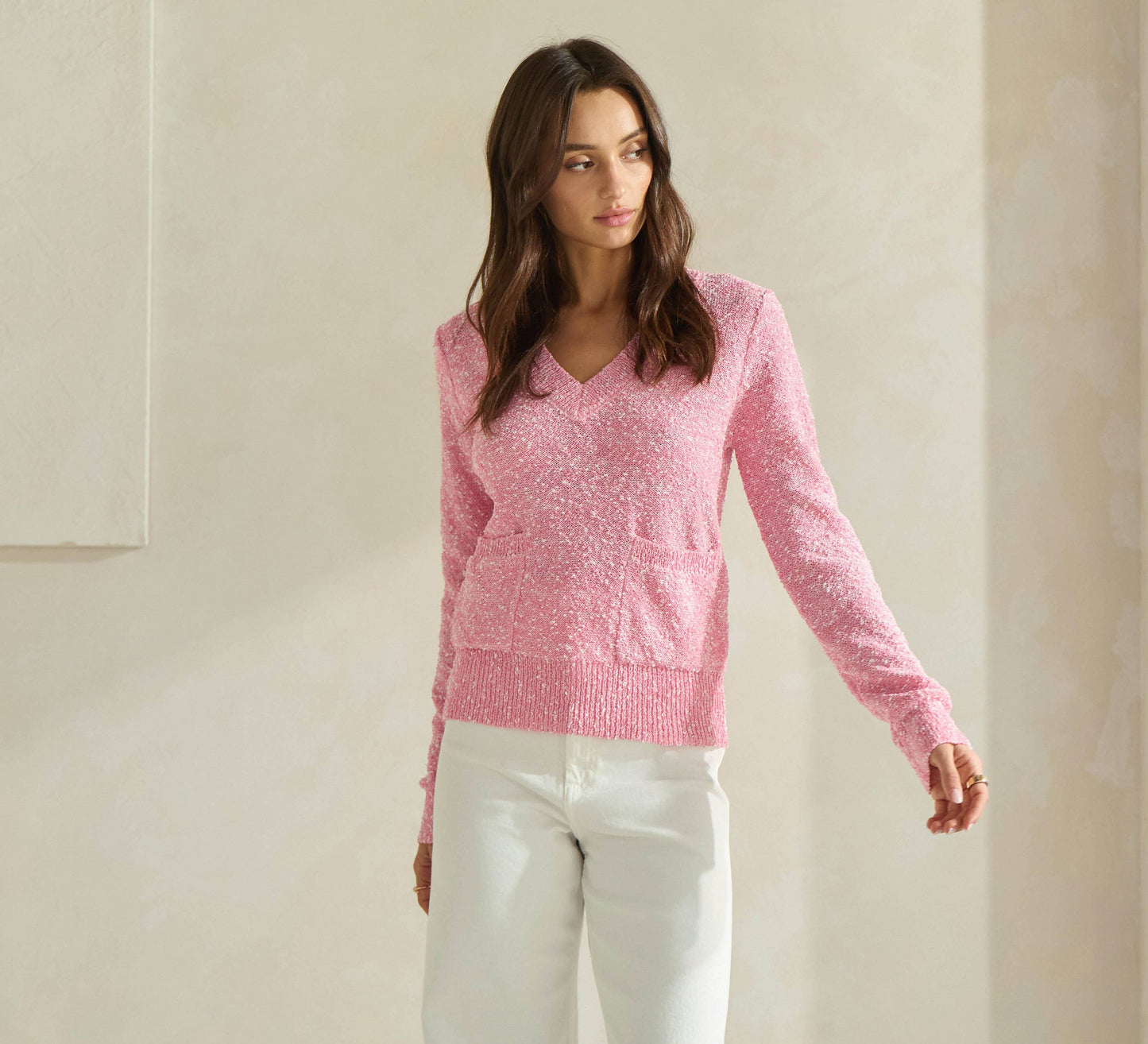 Two Tone Boucle Front Pocket Sweater
