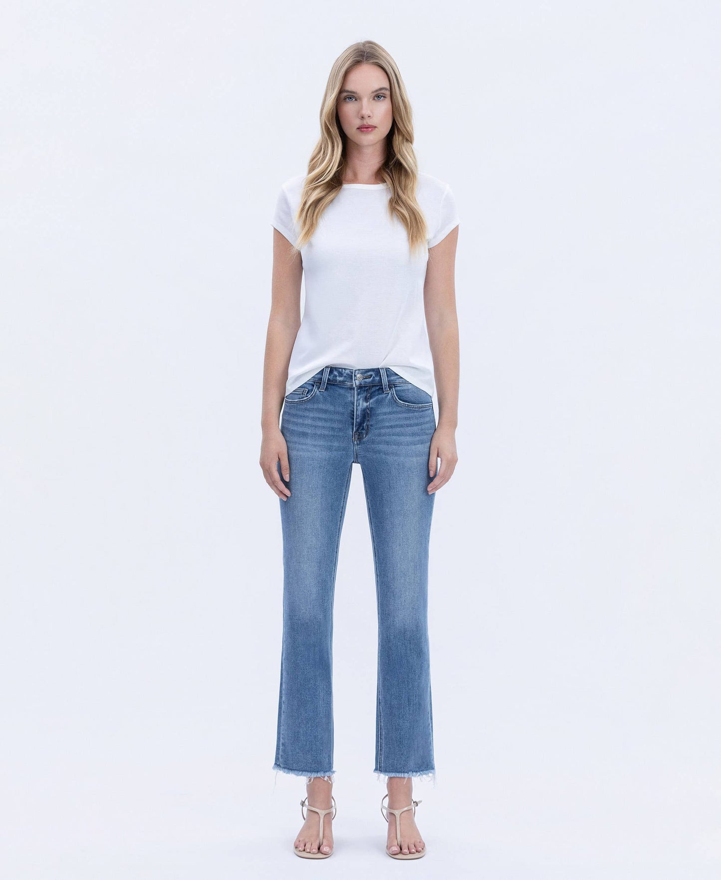 Mid Rise Raw Hem Crop Straight Jeans
