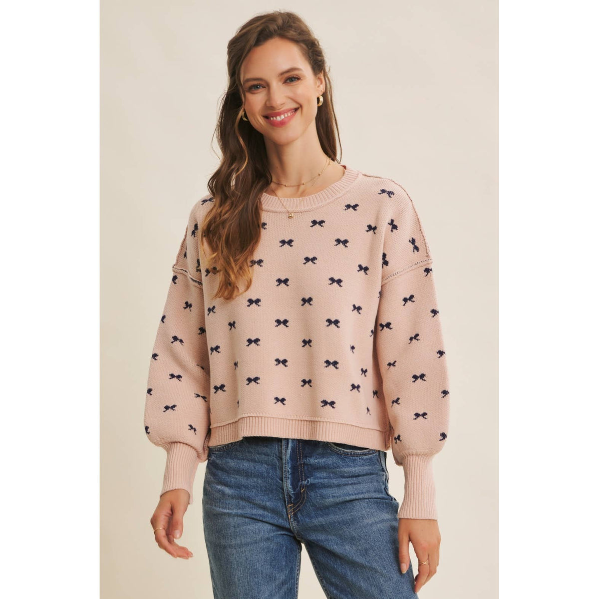 Bow Pattern Balloon Sleeve Sweater
