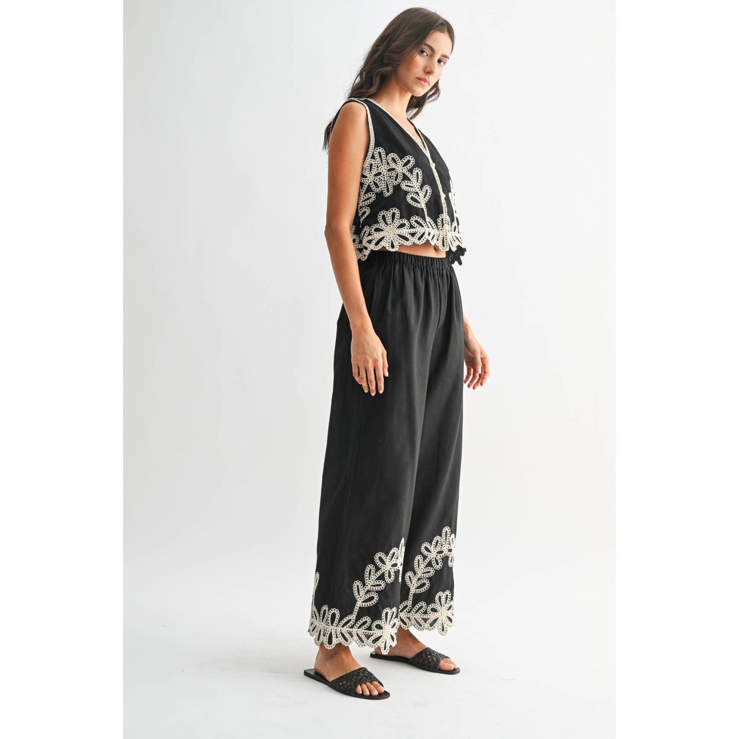 Embroidered Wide Leg Pants