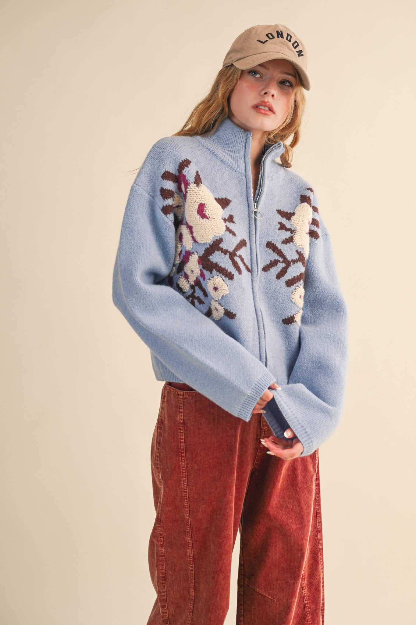 Floral Zip Up Cardigan Sweater