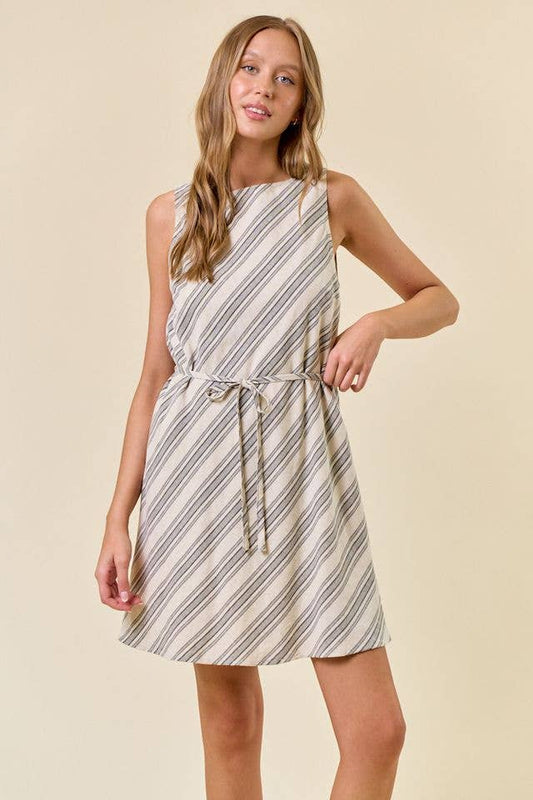 Striped Boat Neck Belted Mini Dress
