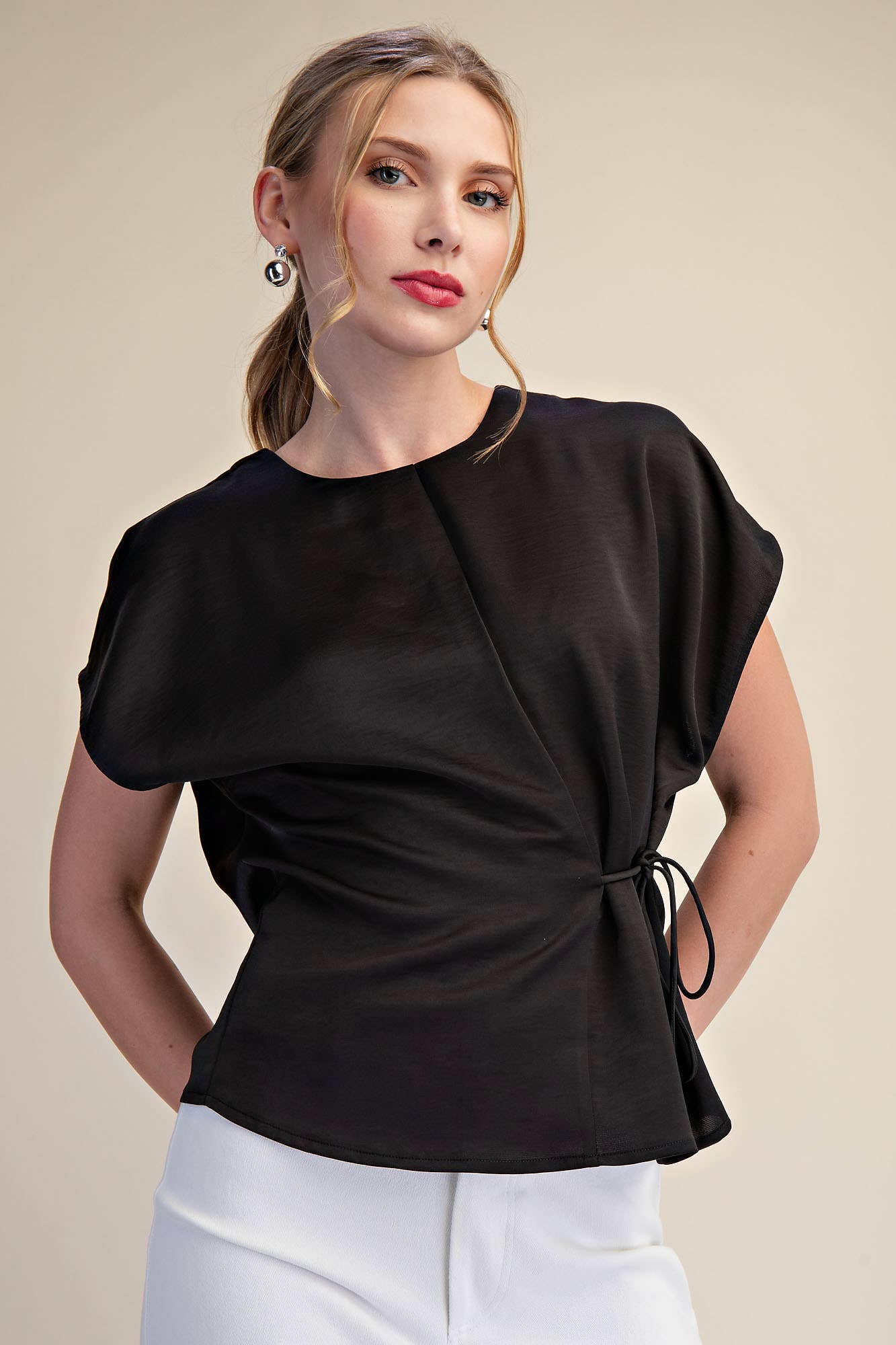 Silky Short Sleeve Front Lace-Up Tie Top