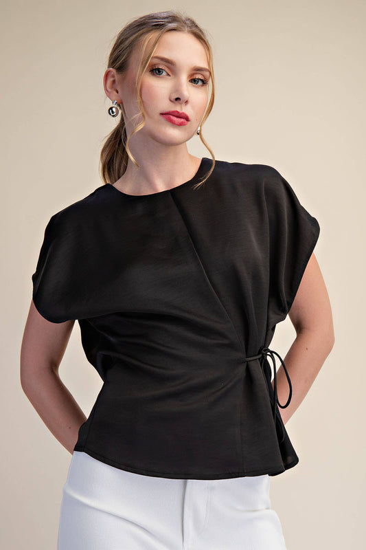 Silky Short Sleeve Front Lace-Up Tie Top
